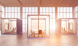 Three blue sea containers with offices inside. Panoramic window at the background. Front view. Filter, toned. Concept of a new start. 3D rendering