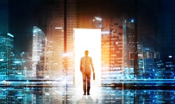 Success concept with businessman entering open door with white light on night city background. Double exposure