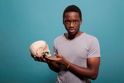 Serious adult holding human skull to learn brain knowledge in studio. Biology and anatomy bones subject to study genetic scientific medicine, anatomical science lesson on camera.