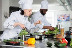 Food industry worker improving gourmet dish taste by adding fresh chopped basil, other herbs and spices. Head chef having pan on gas cooker while cooking delicious food meal in restaurant kitchen.