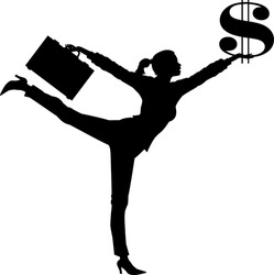 vector silhouette graphic depicting a woman holding a dollar symbol (concept: higher salary)