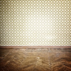 Vintage room, empty retro apartment with old fashioned wallpaper and weathered wooden parquet floor, toned