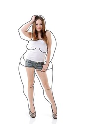 Attractive slim girl, full length portrait isolated on white background with contours of an overweight woman drawn around. Healthy eating, diet, sport and slimming concept