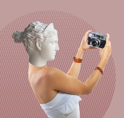 Contemporary collage of plaster statue head and young woman grimaces with open mouth takes her self picture with retro photo camera, over halftone comics pattern. Antiquity and modernity. 