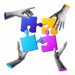Abstract human hands put together colorful puzzle, contemporary collage. Teamwork, business, collaboration, problem solving concept. 