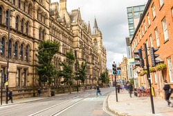 Streets of Manchester. The usual busy day in the city center  Uk, England. Britain
