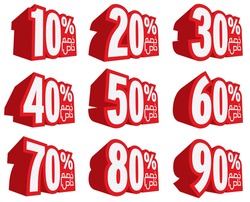 Vector Sale icon set. Discount price off and sales design template. Shopping and low price symbols. 10,20,30,40,50,60,70,80,90 percent sale.