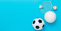 Assorted sports equipment including a soccer ball, volleyball, baseball, badminton racket on a light blue background