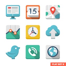 Universal Flat icon set. News, contacts, analitycs and communications.