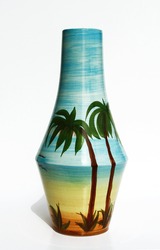 Israeli big ceramic glazed vase of 1950-th years with realistic  image of Israeli landscape on the vase surface: sea, sun, sand and palm trees. Isolated on  white.