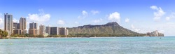 Waikiki beach and hotels with Diamond head mountain panorama