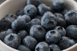 Fresh washed blueberries in white bowl closeup, shallow focus