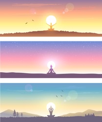 Web banner design background or header Templates. Amazing silhouette woman sit in Lotus pose and welcomes the sun. Practicing yoga. Vector illustration.