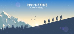Silhouette traveling people. Climbing on mountain. Vector illustration hiking and climbing team
