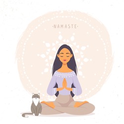 Amazing cartoon girl in yoga lotus pose with cute cat. Practicing yoga. Vector illustration. Young and happy woman meditates.