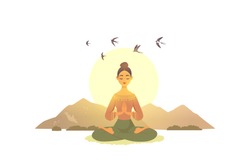 Amazing cartoon girl in yoga lotus practices meditation on nature. Practice of yoga. Vector illustration. Young and happy woman meditating