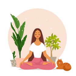 Amazing cartoon girl in yoga lotus pose with cute cat at home. Practicing yoga. Vector illustration. Young and happy woman meditates.
