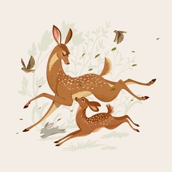 Stylized cartoon mom deer and baby deer with birds and bunny. Vector illustration