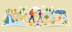 Travelers go on the map along the scenic tourist route. Volumetric map with a laid route. Vector illustration.