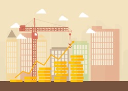 Crane lift money graph and coin stack with construction site on background,