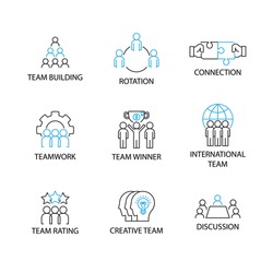 Modern Flat designed Icon set or Pictogram with word team building,rotation,connection,teamwork,team winner,international team,team rating,creative team,discussion.TEAM Management Concept.