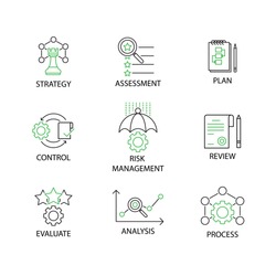 Modern Flat thin line Icon Set in Concept of Risk Management with word Strategy,Risk Management,Assessment,Plan,Control,Review,Evaluate,Analysis,Process. Editable Stroke.
