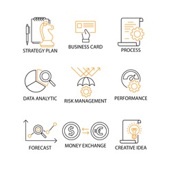 Modern Flat thin line Icon Set in Concept of Digital Marketing with word Strategy Plan,Business Card,Process,Data Analytic,Risk Management,Performance,Forecast,Exchange,Creative Idea. Editable Stroke.