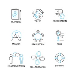 Modern Flat thin line Icon Set in Concept of Team Management with word Planning,Trust,Cooperation,Mission,Brainstorm,Skill,Communication,Collaboration,Support.Editable Stroke.