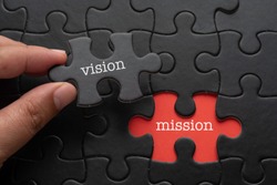 Hand hold piece of puzzle written VISION revealing word MISSION. Business concept.