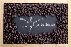 Caffeine chemical formula on chalkboard with coffee beans