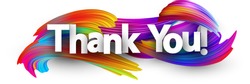 Thank you poster with spectrum brush strokes on white background. Colorful gradient brush design. Vector paper illustration. 