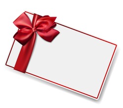 Gift card with ribbon and satin red bow. Vector illustration. 
