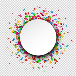 Colorful celebration background. Paper round speech bubble with confetti. Vector Illustration.
