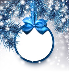 Blue Christmas background with fir branches and bow. Vector illustration.