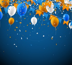 Background with blue and orange flags, balloons and confetti. Vector illustration.