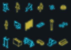 Home gym icons set. Isometric set of home gym vector icons neon color on black