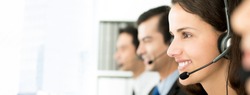 Smiling telemarketing customer service agents, call center job concept, web banner with copy space