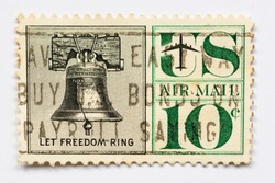 United States of America - CIRCA 1960 - Vintage 10c airmail stamp shows the Liberty Bell and the quote Let Freedom Ring