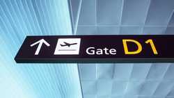 Gate D1. Sign in ukrainian airport. Interior of the airport.