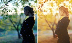 Before and after example of photo edit, color correction of pregnant woman at autumn garden