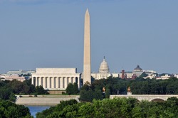 Washington DC skyline including Lincoln Memorial, Washington Memorial and US Capitol building as seen from Arlington,Virginia.