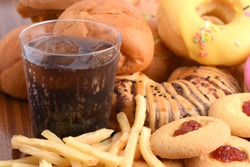 Junk food or fastfood and cola coke glass in restaurant 