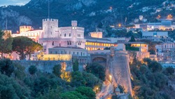 Prince's Palace of Monaco day to night transition timelapse with observation deck - It is the official residence of the Prince of Monaco. Built in 1191. Summer evening