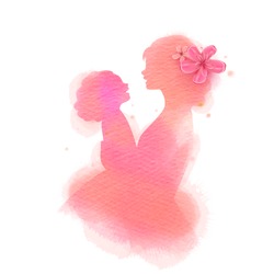 Happy mother's day. Side view of Happy mom with daughter  silhouette plus abstract watercolor painted.Happy  mother's day. Double exposure illustration. Digital art painting. Vector illustration