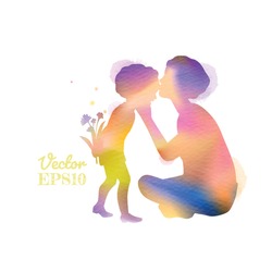 Double exposure illustration. Happy mother kissing her kids silhouette plus abstract water color painted. Happy mother's day. Digital art painting. Vector illustration