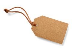 brown cardboard label with slim genuine leather cord,isolated