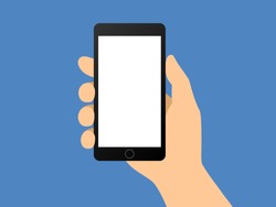 Human hand holding smartphone / smart mobile phone flat vector illustration