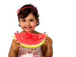 little girl eating watermelon isolated on white