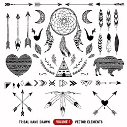Hand drawn vector tribal elements. Aztec logos and badges. 