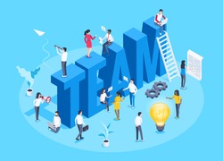 isometric vector image on a blue background, the big word team and people teamwork, light bulb and ladder